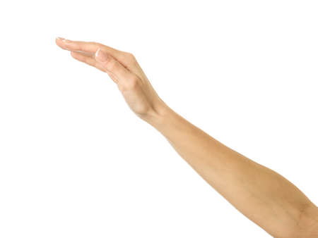 Covering and protection. Woman hand with french manicure gesturing isolated on white background. Part of seriesの写真素材