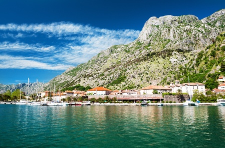 Landscape of Kotor town bay, located under huge mountain