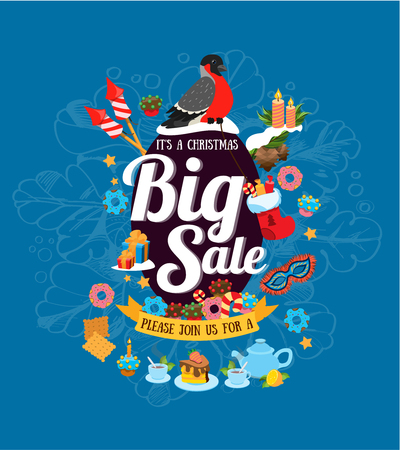 Christmas big sale on the blue background, sale poster, flyerのイラスト素材