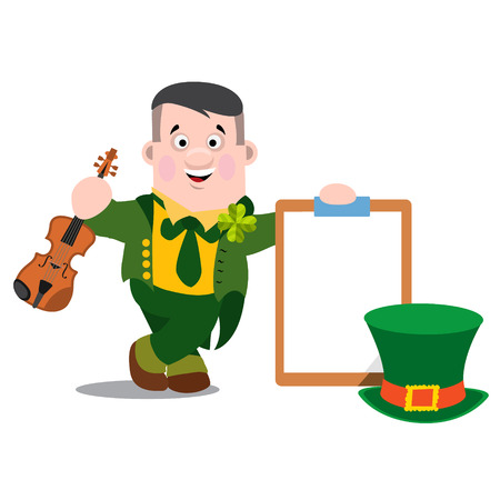A man with a violin and a tablet in a green suit. The festive character in cartoon style. Congratulations to the St. Patrick's Day.のイラスト素材
