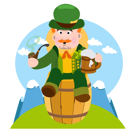 Man in the Irish pub. St. Patrick with a mug of foamy beer. The festive character in cartoon style. Congratulations to the St. Patrick's Day.のイラスト素材