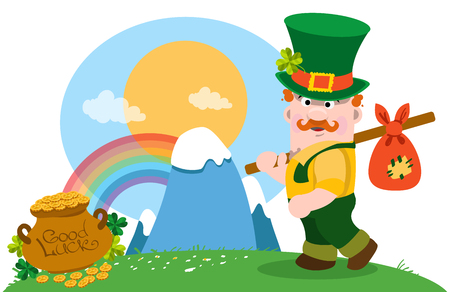 A man with a bundle on a stick and a pot of gold. The festive character in cartoon style. Congratulations to the St. Patrick's Day.のイラスト素材