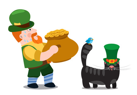 A man with a pot of gold and a black cat. The festive character in cartoon style. Congratulations to the St. Patrick's Day.のイラスト素材