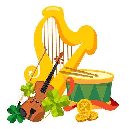 Golden harp, drum and violin.のイラスト素材