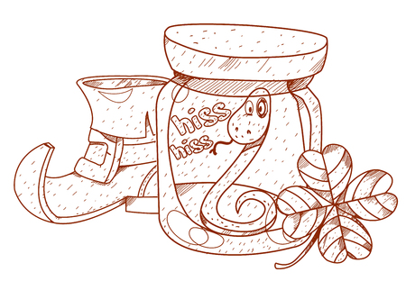 Boot gnome, nake in a glass jar and clover.のイラスト素材