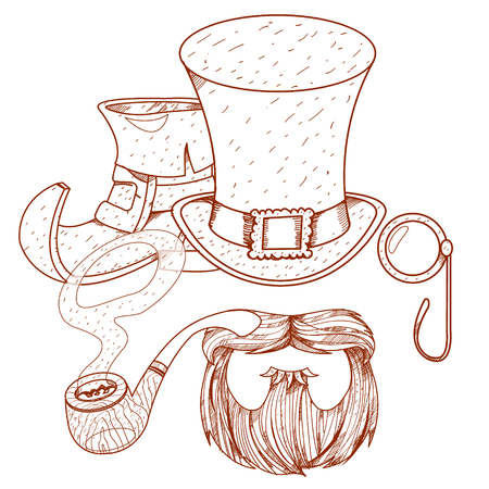 Boot leprechaun, beard, pipe, angered hat and monocle.のイラスト素材