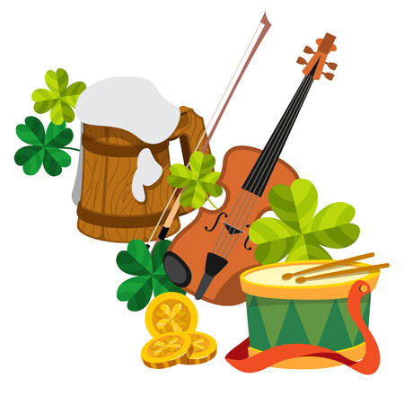 Wooden mug of beer foam, violin, clover and gold coins and the drum.のイラスト素材