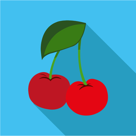 Cherry on a red background icon flat. Modern colored icons in a flat design with long shadow.のイラスト素材