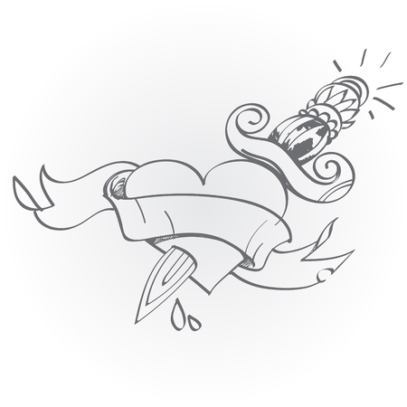 Heart pierced by a dagger. Black and white sketch of a tattoo.のイラスト素材