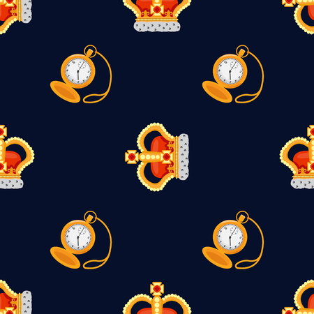 Seamless pattern with crown monarch and pocket watch to the noble dark blue background.のイラスト素材