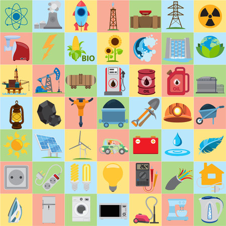 Energetics icons, flat vector energetics icons setのイラスト素材