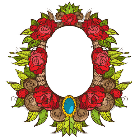 Beautiful oval frame with roses. Baroque decorative border of flowers. Floral element for design of congratulations.のイラスト素材