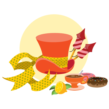Illustration to the fairy tale Alice's Adventures in Wonderland. Sweets and pastries. Orange hat with a yellow ribbon and a treat. Template background with space for text.のイラスト素材