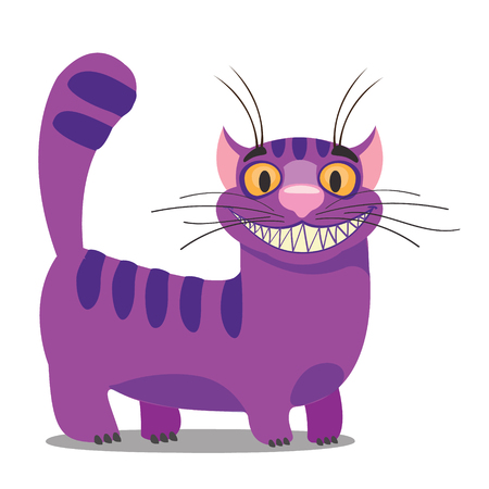 Cheshire Cat. Illustration to the fairy tale Alice's Adventures in Wonderland. Purple cat with a big smile standing.のイラスト素材
