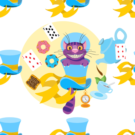 Cheshire Cat looks out of the blue hat seamless pattern. Hat shop. Cylinder Hatter from a fairy tale Alice's Adventures in Wonderland.のイラスト素材