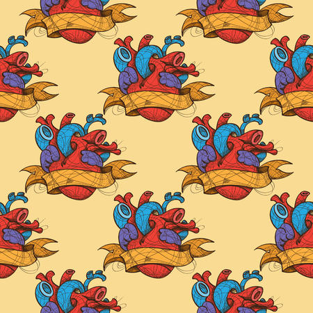 Seamless pattern heart on a white background. Design of the surface pattern of anatomical hearts.のイラスト素材