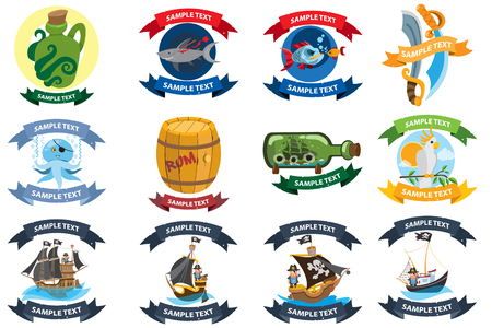 Set on a pirate theme icons. Logos with a banner for text with a picture of marine life and pirate goods. Stickers for design theme parties and children's products.のイラスト素材