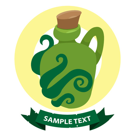 Green glass bottle of an unusual shape with a magic elixir. Cartoon drawing for gaming mobile applications.のイラスト素材