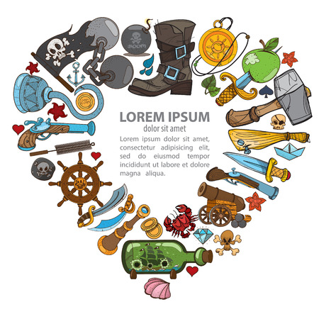 Figured frame on a pirate theme. Hilarious characters in cartoon style for design of children's games and a variety of goods.のイラスト素材