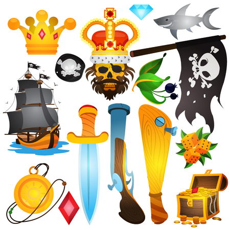 Set illustrations with pirate attributes. Various items Medieval Pirates. Drawing on themes Ganster to design T-shirts, playing cards, theme parties.のイラスト素材