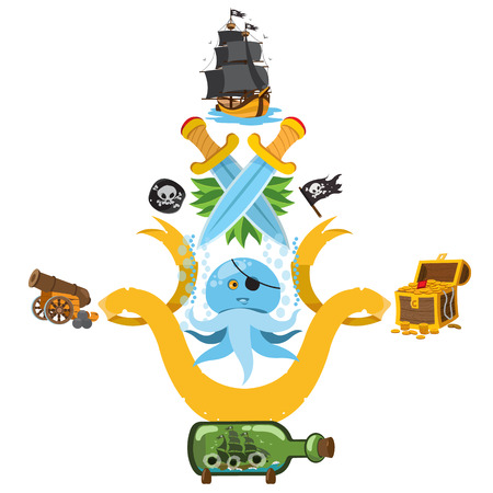 Set illustrations with pirate attributes. Various items Medieval Pirates. Cartoon drawing for gaming mobile applications.のイラスト素材