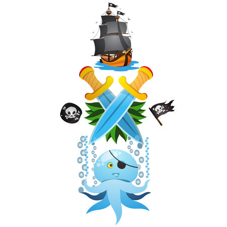 Sketch of tattoo with a crowns, octopus and frigate. Drawing on themes Ganster to design T-shirts, playing cards, theme parties.のイラスト素材