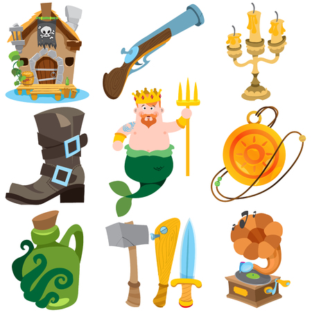 Set illustrations with pirate attributes. Various items Medieval Pirates. Cartoon drawing for gaming mobile applications.のイラスト素材