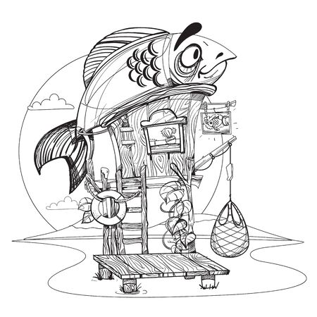 House fisherman. Cartoon illustration of a wooden hut on stilts near the river. Drawing for gaming mobile applications. Illustration for coloring.のイラスト素材