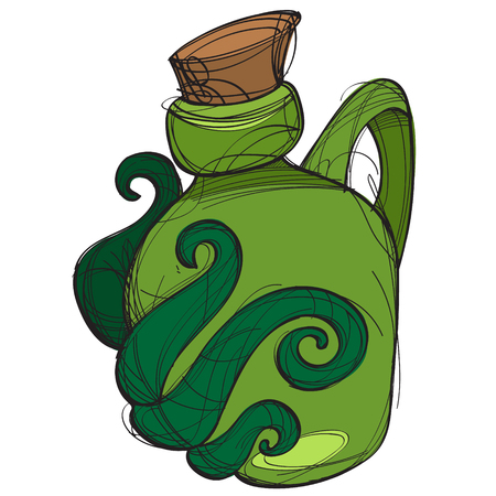 Green glass bottle of an unusual shape with a magic elixir. Cartoon drawing for gaming mobile applications.のイラスト素材