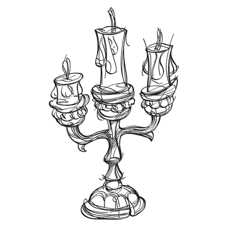 Candlestick on three candles. Vintage household items. Cartoon drawing for gaming mobile applications. Illustration for coloring.のイラスト素材