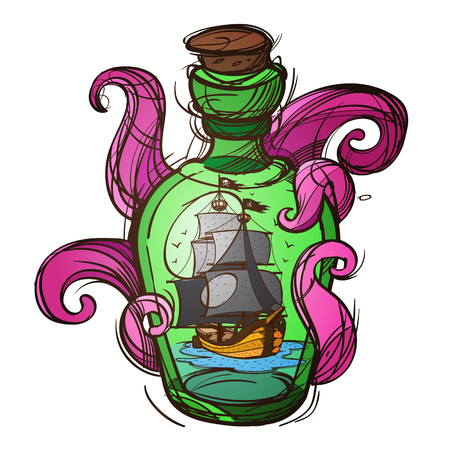 Pirate Frigate in a green glass bottle sketch of a tattoo. Illustration for design t-shirts and other items.のイラスト素材
