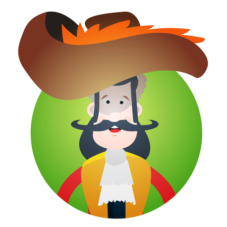Round sticker with the image of a fun pirate in a cocked hat and eye patch. Cartoon illustration for gaming mobile applications and for design t-shirts and other items. Avatar pirate.のイラスト素材