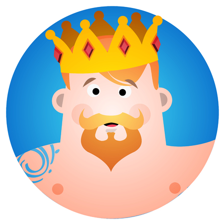Round sticker with a man in the crown. Cartoon illustration for gaming mobile applications and for design t-shirts and other items.のイラスト素材