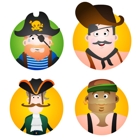 Set of four round of avatars with a picture of pirates. Cartoon illustration for gaming mobile applications and for design t-shirts and other items.のイラスト素材