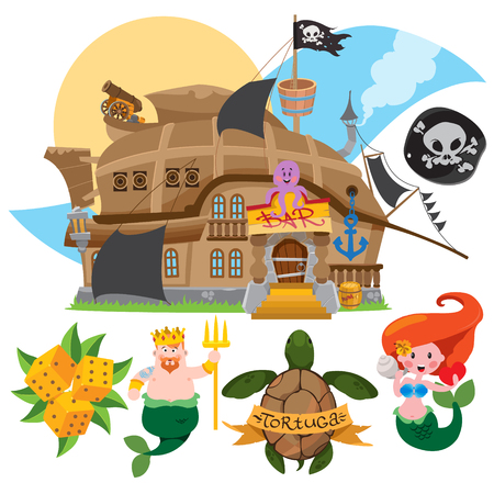 Illustration with the image of a bar in the form of a pirate ship. Set of labels for design items with a pirate theme. Cartoon illustration for gaming mobile applications.のイラスト素材