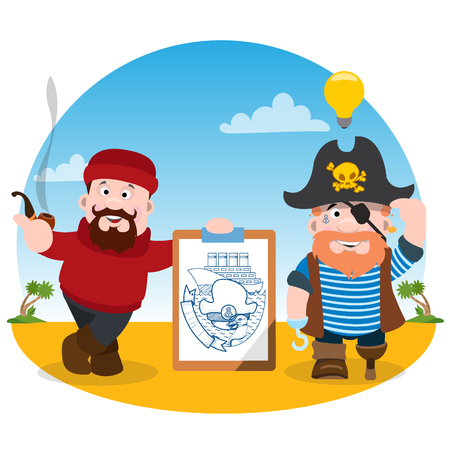 The poster for the pirate party. The leaflet with the captain and fisherman. Cartoon illustration for gaming mobile applications and for design other items.のイラスト素材