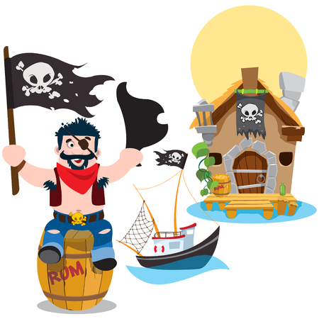 A set of illustrations on the pirate theme. A man sitting on a wooden barrel and holds the Jolly Roger and tricorne. Small fishing boat from the old hut.のイラスト素材