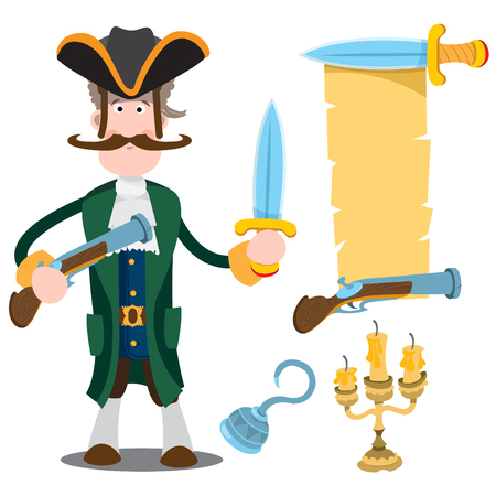 Pirate Captain. Banner from an old parchment with space for text. Various items Medieval Pirates. Drawing on themes Ganster to design T-shirts, playing cards, theme parties.のイラスト素材