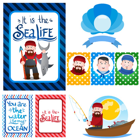 A set of illustrations on the theme of fishing. Fisherman with a shark, a fishing boat. Cards and avatars with cartoon characters.のイラスト素材