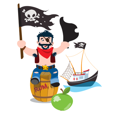 A set of illustrations on the pirate theme. A man sitting on a wooden barrel and holds the Jolly Roger and tricorne. Small fishing boat.のイラスト素材