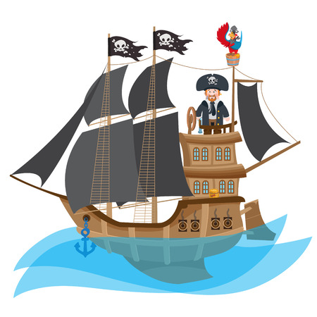 Caricature illustration with the image of a pirate on the ship.のイラスト素材