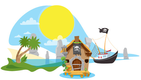 A set of illustrations on the pirate theme. Small fishing boat from the old hut.のイラスト素材