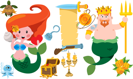 Neptune and mermaid. Banner from an old parchment with space for text. Various items Medieval Pirates.のイラスト素材
