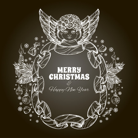 Beautiful angel with decorative frame made of ribbon and christmas ornaments on black background.のイラスト素材