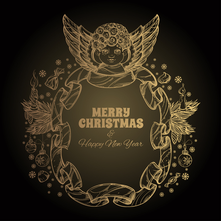 Beautiful angel with a frame made of ribbon. Decorative design element for Christmas and New Year greeting cards, invitations and other items.の写真素材