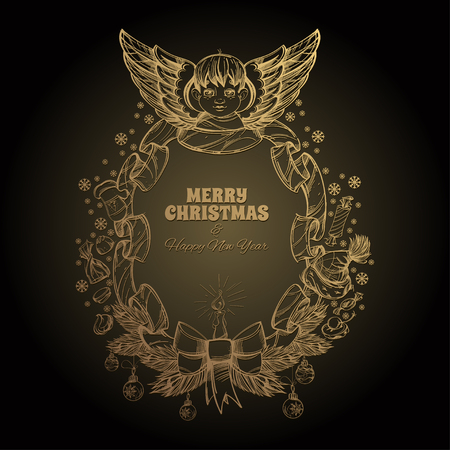 Beautiful angel with a frame made of ribbon. Decorative design element for Christmas and New Year greeting cards, invitations and other items.のイラスト素材