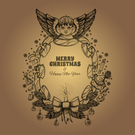 Beautiful angel with a frame made of ribbon. Decorative design element for Christmas and New Year greeting cards, invitations and other items.のイラスト素材