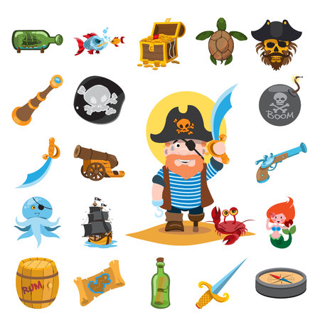 Pirate icons, pirate captain. Set of vector illustrations isolated on white background.の写真素材