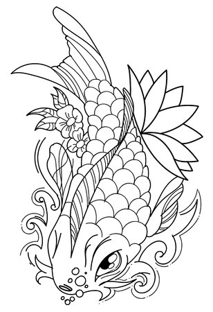 Japanese carp outline drawing. Vector illustration isolated on white background for tattoos, t-shirts, coloring books and other items.のイラスト素材