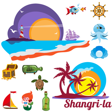 Set of multicolored images with marine issues Shangri-la, coastal countries, exotic vacation, seaside resort.のイラスト素材